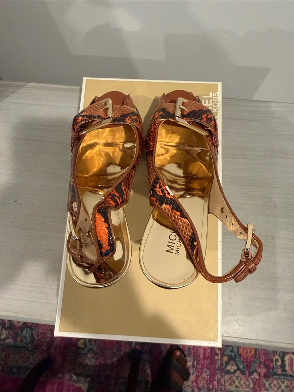 Michael Kors Orange and Black Snake-Print Platform Slingback Heels